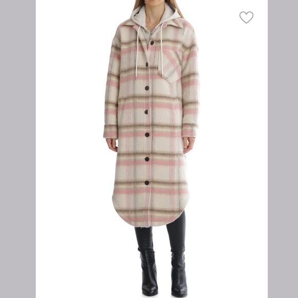 New Avec Les Filles Checked Longline Hooded Shirt Jacket Pink Cream Plaid nwt M - Picture 4 of 9